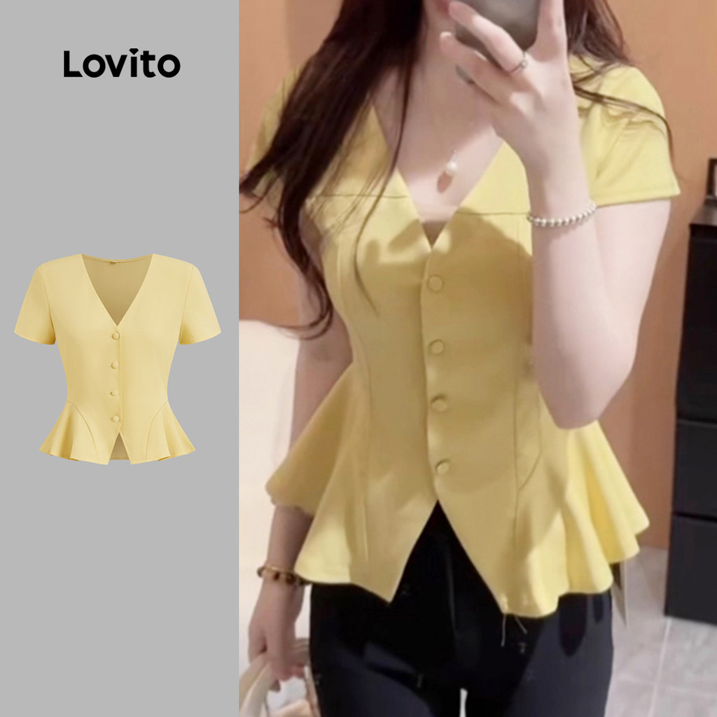(New) Lovito Blusa Casual de Botão Frente Dividida Frente Primavera/verão Blusa Amarela para Mulheres L142ED617 em Oferta na Shopee