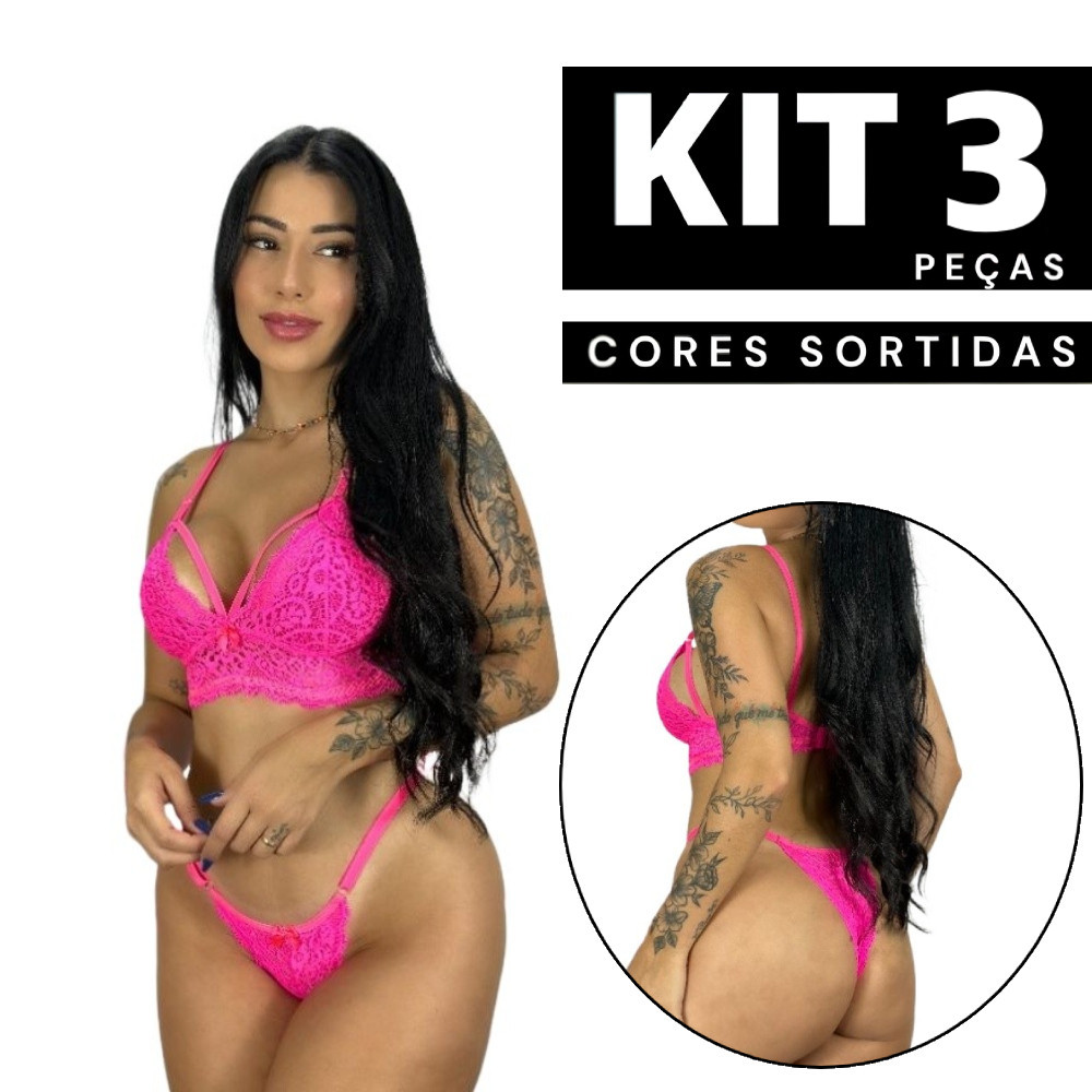 Kit 3 ou 2 Conjunto Lingerie Sutiã Sem Bojo e Calcinha em Renda Sexy Sensual Espera Marido Barato