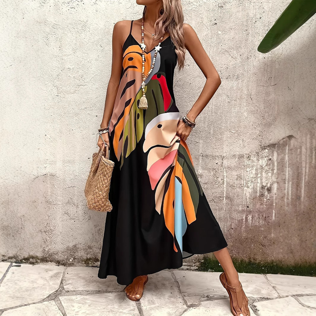 Europeu americano verão moda novo estilo férias confortável Casual impresso com decote em V estilingue vestido longo em Oferta na Shopee