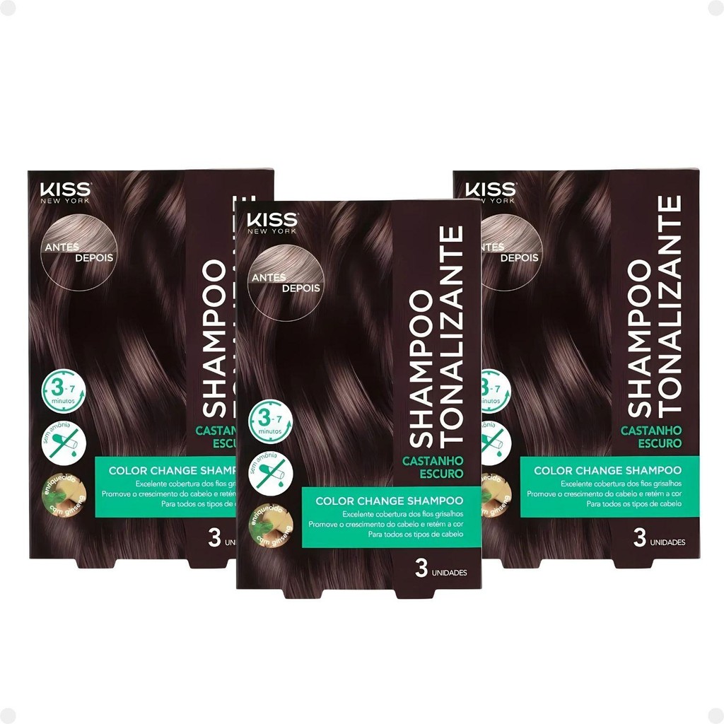 Kit Kiss New York Color Change: 3 Shampoo Tonalizante Castanho Escuro