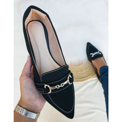 Sapatilha Mocassim Feminino Preto Bico Fino Confortável Casual Elegante Com Pingente