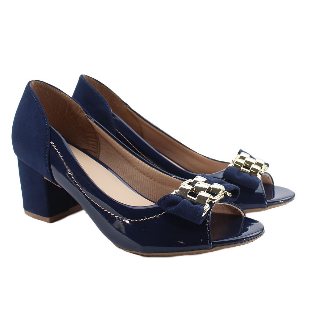 Sapato Peep toe Salto Baixo Grosso fechado Enfeite Laço