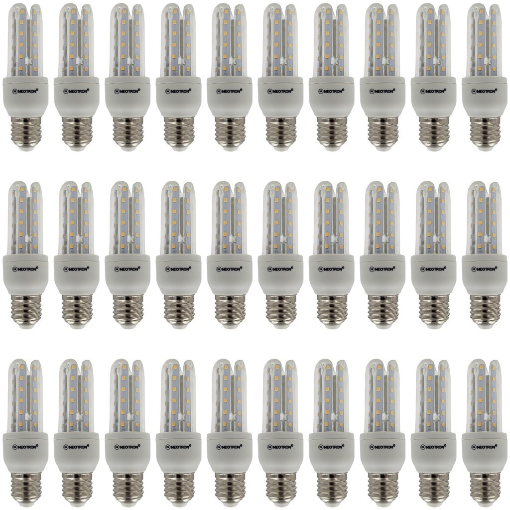 KIT 30 Lâmpadas LED Compacta 7W 3000K Luz Amarela Branca Quente Bivolt 110/220V 3U E27 NEOTRON 630 Lúmens - Decorativa Cozinha Casa Residencial Soquete Padrão Luminária Compacta Espiga Milho Formato U