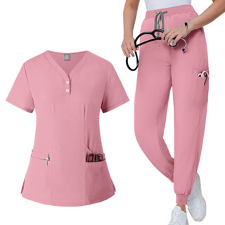 [Camisa + Calças] Summer Thin V-neck Elastic Quick-Drying Scrub Suit Doctor Surgery Clothes Brush Hand Nurses'uniforme De Trabalho Roupas Para Homens E Mulheres em Oferta na Shopee