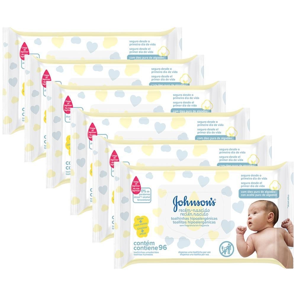 Kit com 6 Lenços Umedecidos Johnson's Baby com 96 unidades cada - Mom & Baby