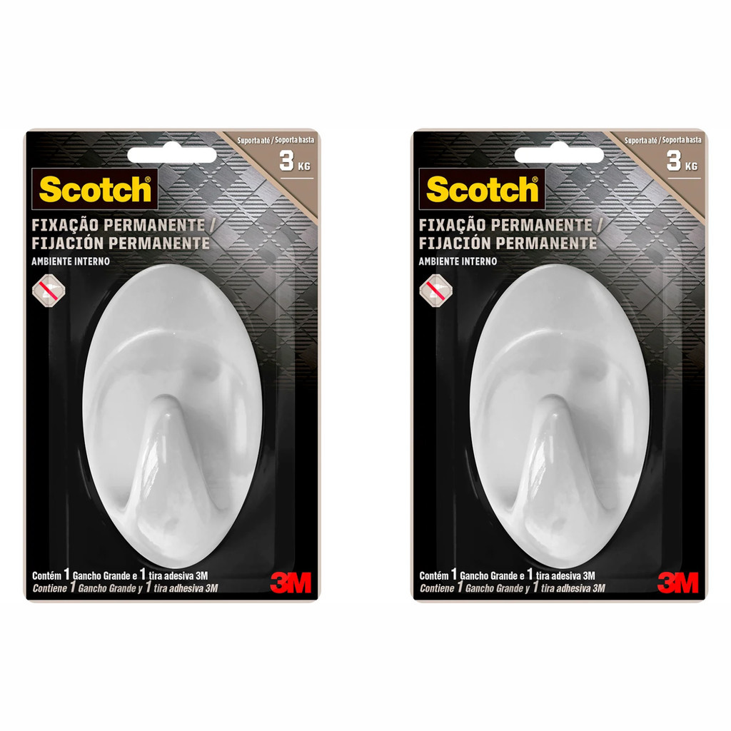 Kit 2 Gancho Adesivo Grande 3M Scotch Fixação Permanente Suporta até 3 kg