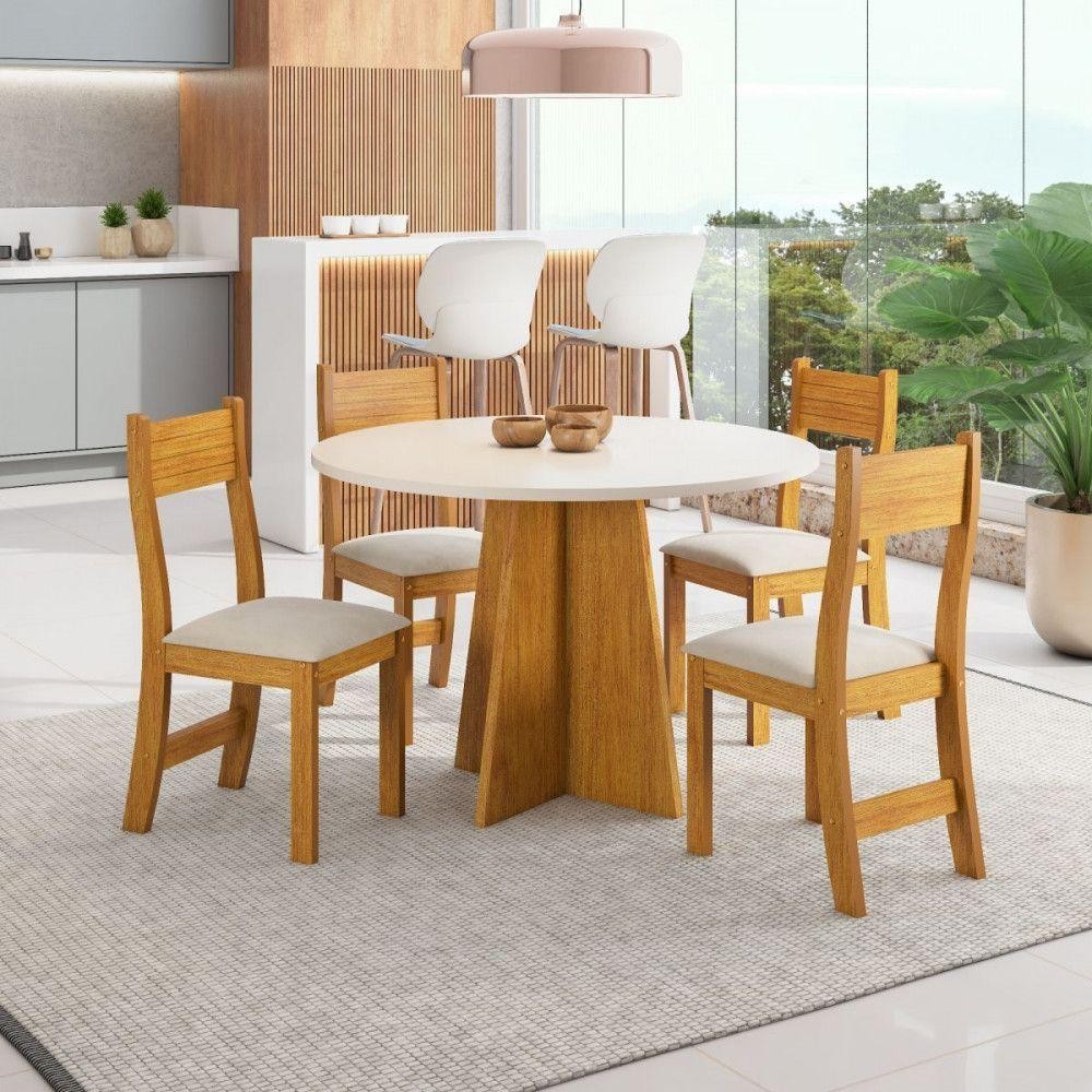 Conjunto Mesa Redonda 90x90cm e 4 Cadeiras Mel/Off White Slin Viero - Home & Living