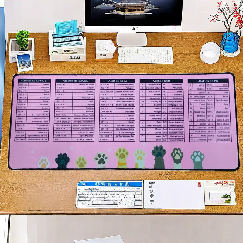 Kit 2 mouse pad tema pata de gatinho 70x30 com informações de atalho