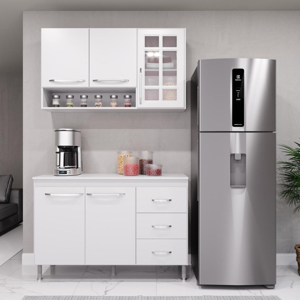 Cozinha Modulada Compacta Fidelitá Viena 2 Peças 120cm 5 Portas 3 Gavetas Com Tampo Branco - Home & Living