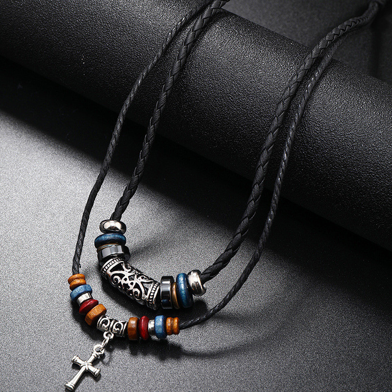 [Jóias Punk Jewelry] Colar Jóias Jóias Criativas com Contas Multi-Layer Alloy Cross Pendant Corrente de Couro Europeu Americano Hot-Selling New Retro Style Necklace Accessories