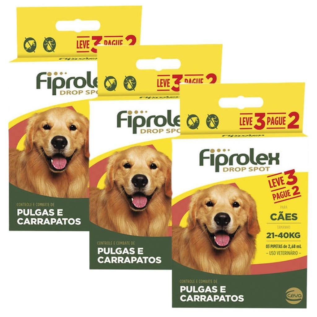 Kit 3 Antipulgas e Carrapatos Ceva Fiprolex 2,68 mL para Cães de 21 a 40 Kg - Leve 3 Pague 2 em Oferta na Shopee