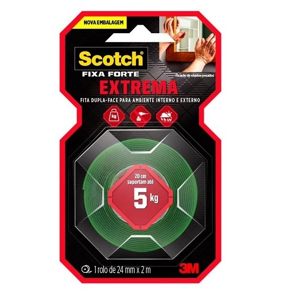 Fita Dupla Face Fixa Forte 24MM X 2M SCOTCH 3M 5KG Extrema - Home & Living