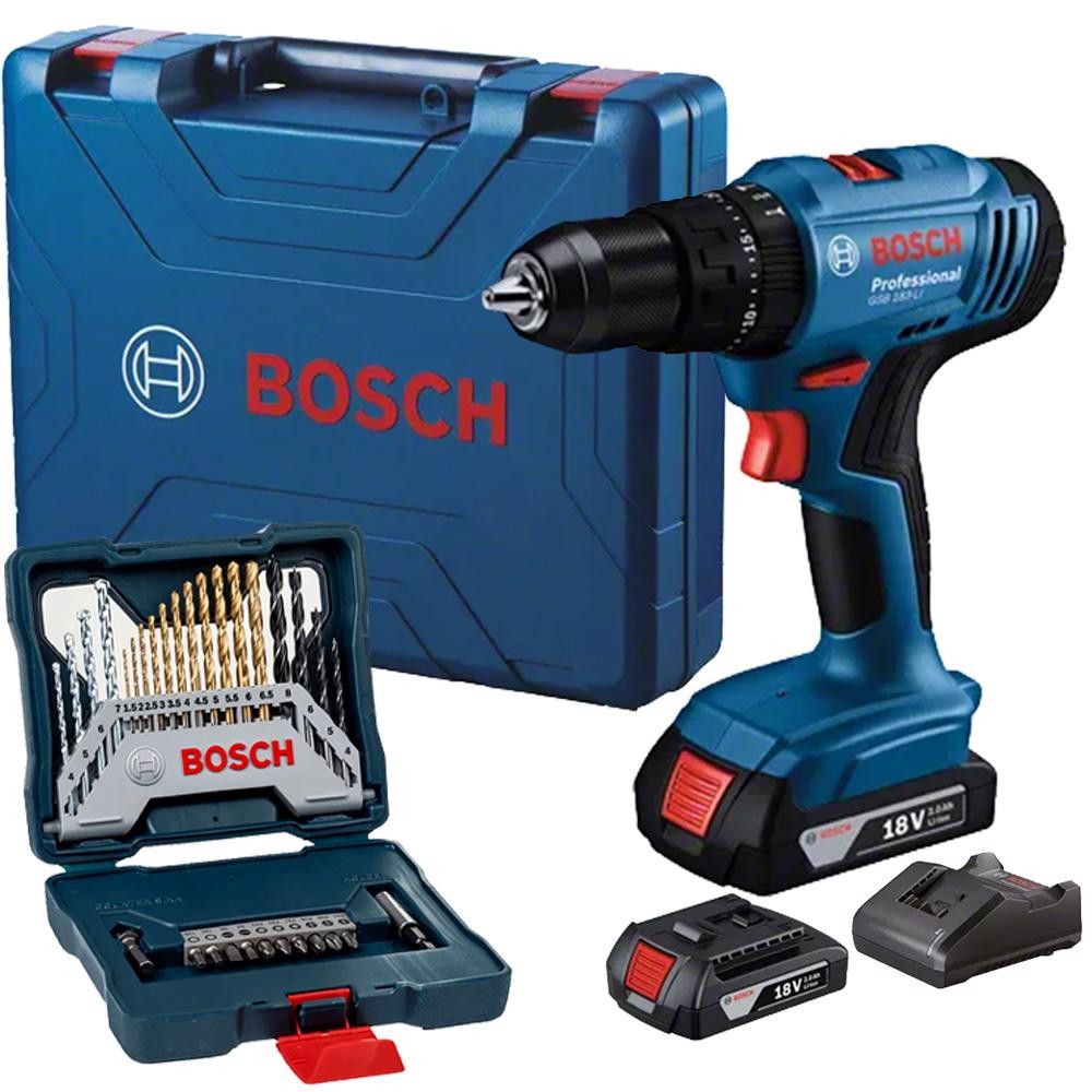 Parafusadeira de Impacto 2 Bateria e Estojo de Brocas 30 Pçs BOSCH em Oferta na Shopee