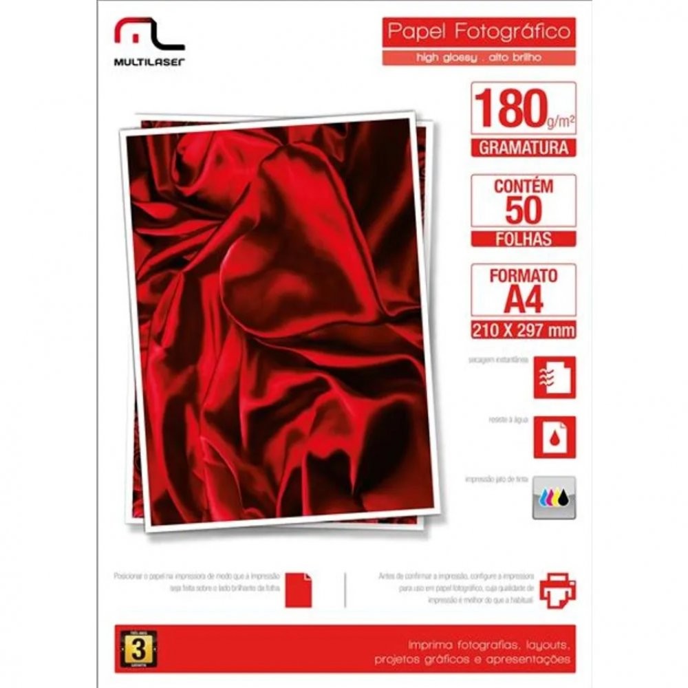 Papel Glossy Multilaser Paper A4 180G com 50 Folhas Branco PE031 - Stationery