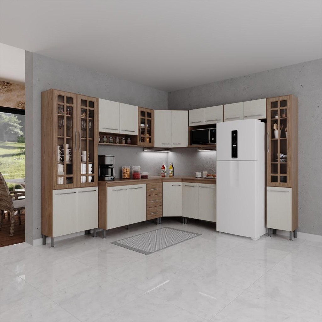 Cozinha Modulada Completa Fidelitá Paris 9 Peças 515cm 20 Portas 3 Gavetas Com Tampo Nogal/Salinas - Home & Living