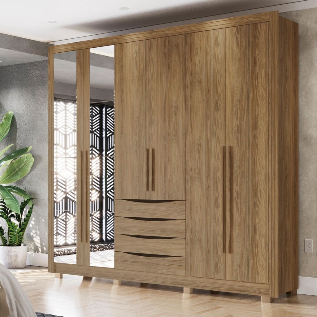 Guarda-Roupa Casal 100% MDF Kappesberg 8 Espelhos 6 Portas 4 Gavetas Nogueira - Home & Living