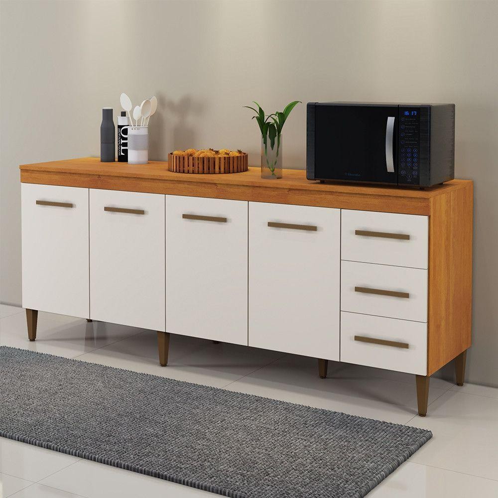 Balcão Atenas 4 Portas E 3 Gavetas Naturalle Com Off White em Oferta na Shopee