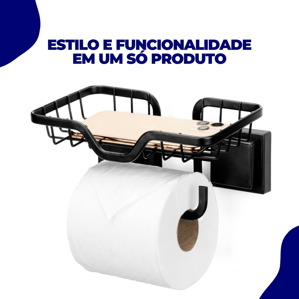 Detalhes do Porta Papel Higiênico Suporte Celular Parede Platina Banheiro Lavabo  S/ Furo Fita Luxo Preto Arthi