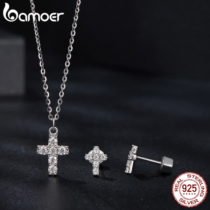 Bamoer 925 Prata Esterlina Moissanite Conjunto Brincos Colar Cruz Design Jóias Presente Para Mulher em Oferta na Shopee