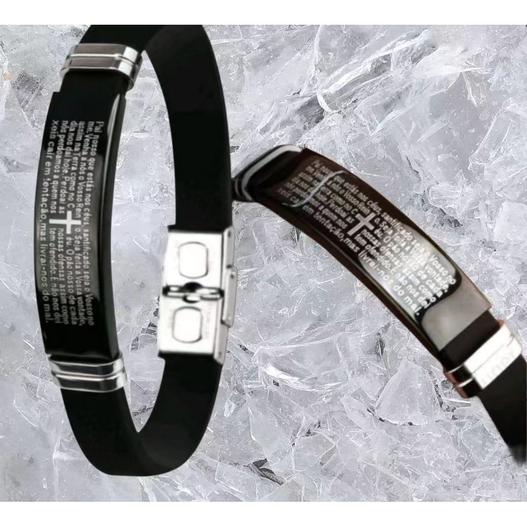 Moda Pulseira Preta Ajustável com Elos de Borracha Resistente para Homens