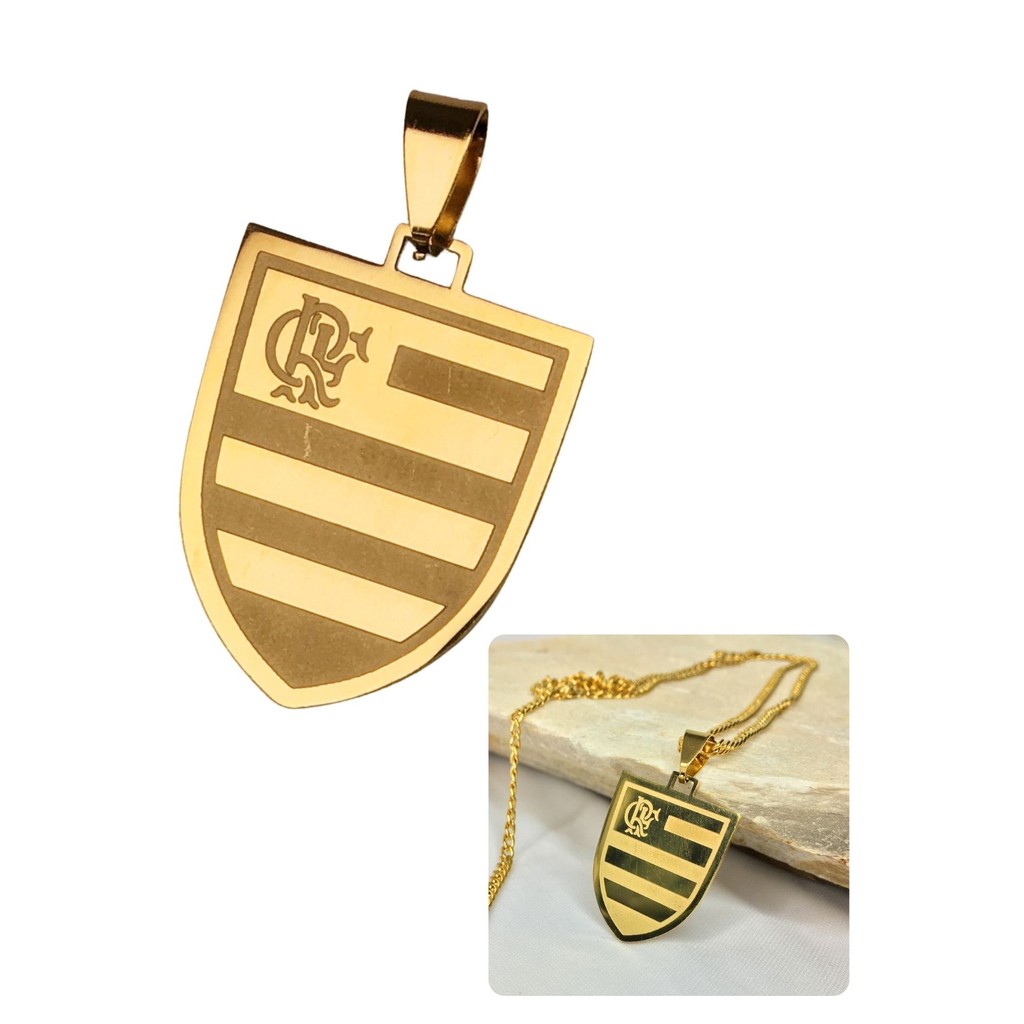 Pingente Masculino Escudo Time Flamengo CRF Dourado Mengão Aço Inox Prova D'Água em Oferta na Shopee