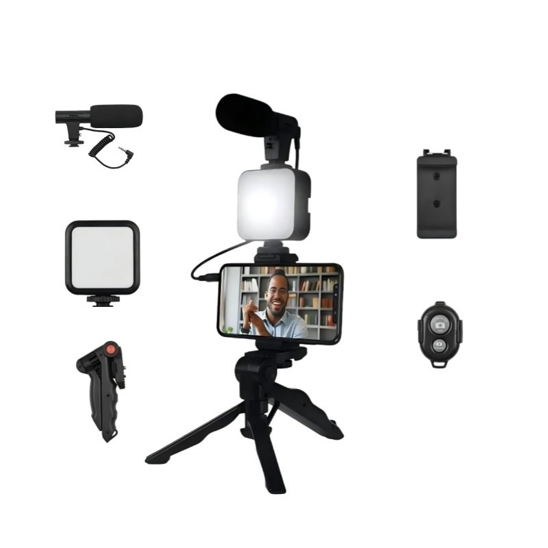 Tripé Estabilizador de Mão kit 5 em 1 gimbal Microfone Celular Gravação De Vídeo
