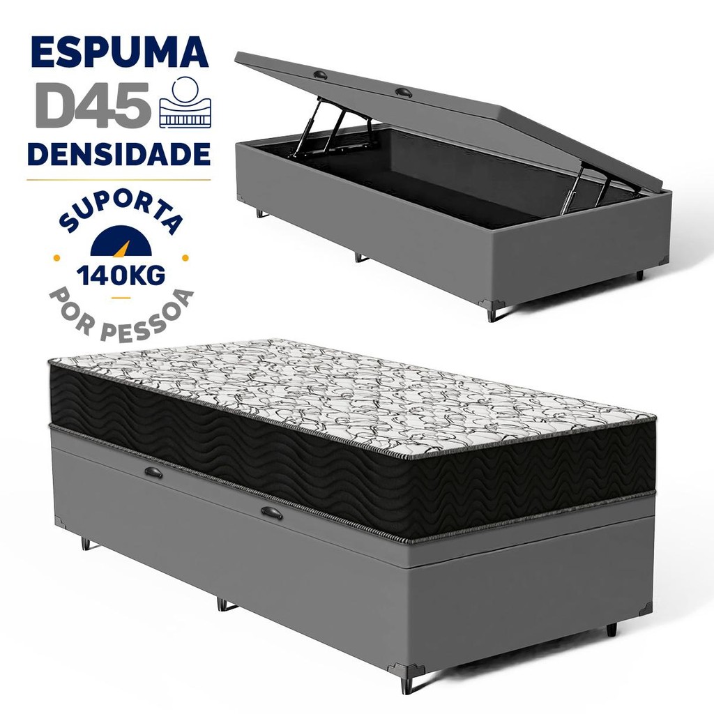 Cama Box Baú com Colchão de Espuma D45 Ortobom Airtech 150 Solteiro 88cm