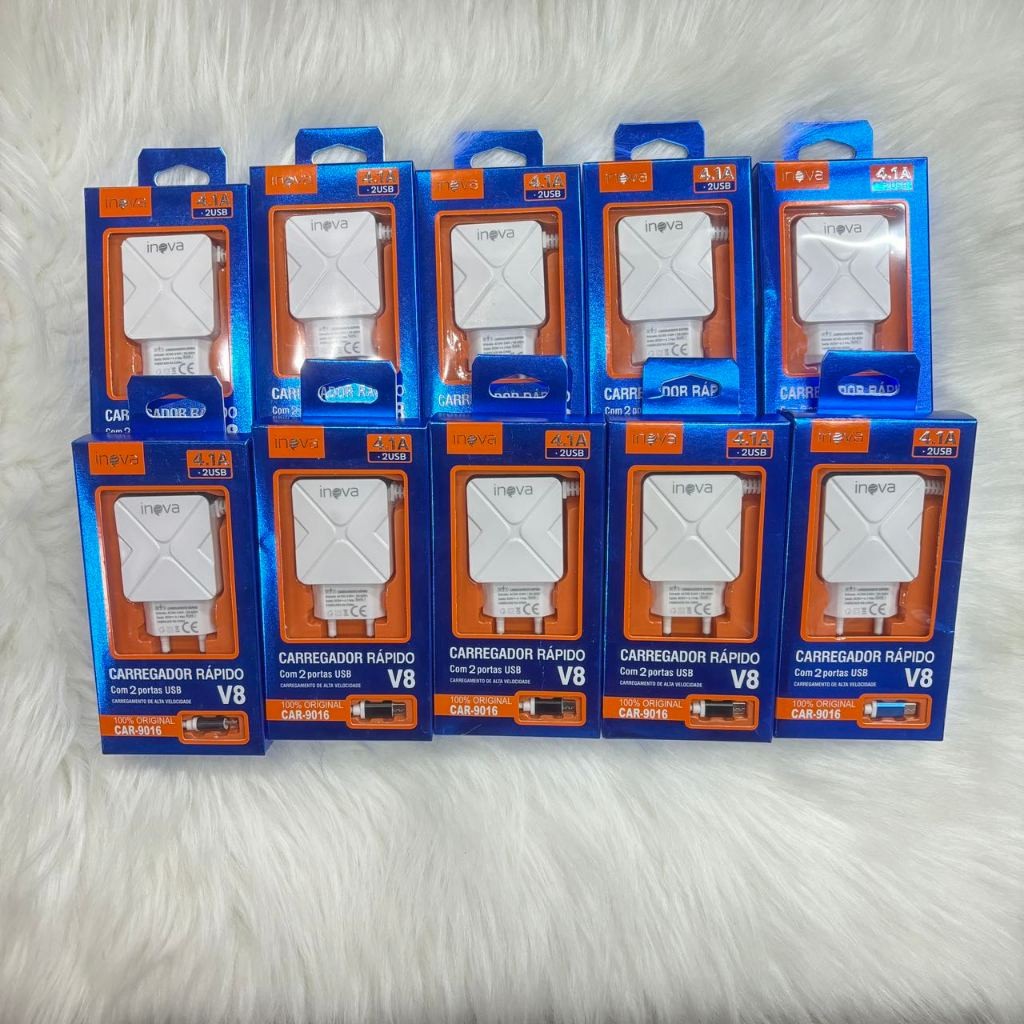 Kit 10pcs Inova Carregador Inova Turbo 2 Portas Usb E Cabo Fixo V8 4.1a Full