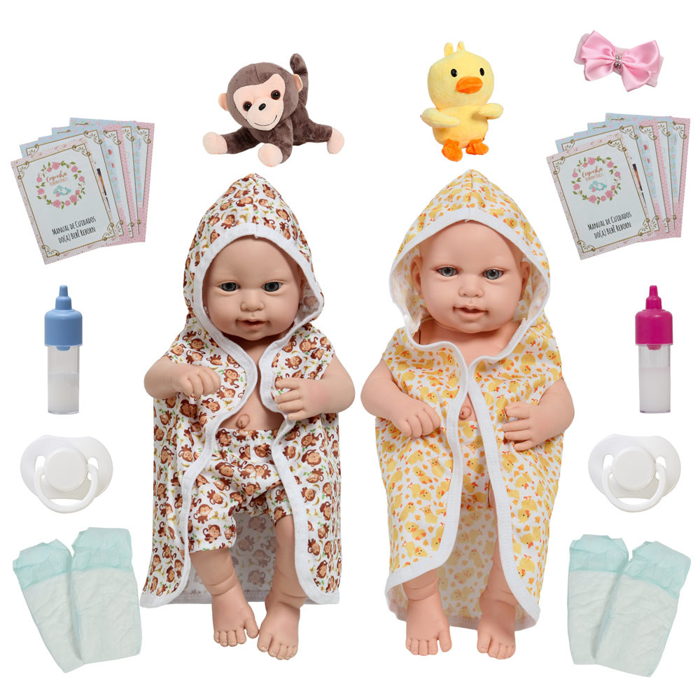 2 Bebê Reborn Gêmeos Casal Saída de Banho Patinho Macaquinho