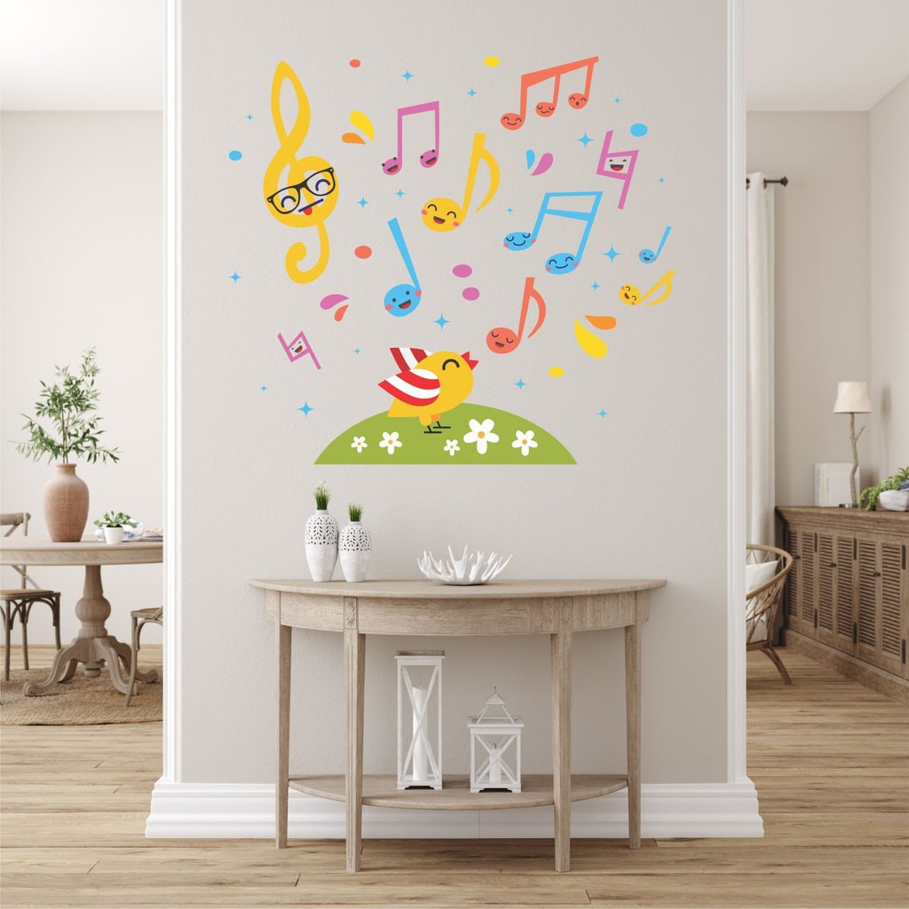 Adesivo de Parede Passarinho Cantor  e Notas Musicais Kids Papel de Parede Decalque Auto Colante