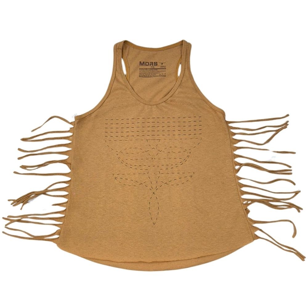 Camiseta Feminina Regata Moiadeiros Marrom Claro Caramelo Estampada Com Franjas Cowgirl Rodeio