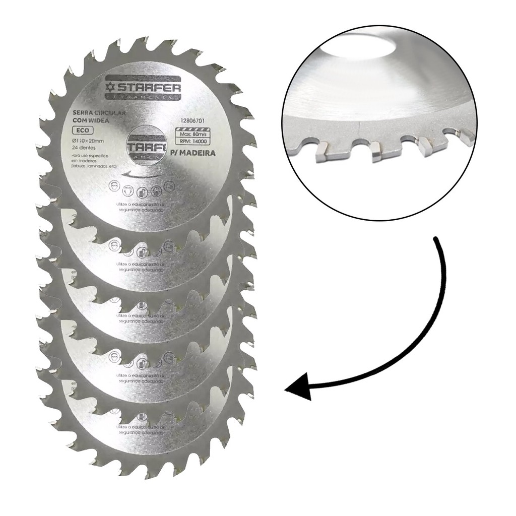 Kit 5 Discos para Serra Circular ECO Wídea Dentes de Metal Resistente 110mm x 20mm Alto Rendimento p/Madeira 24 Dentes