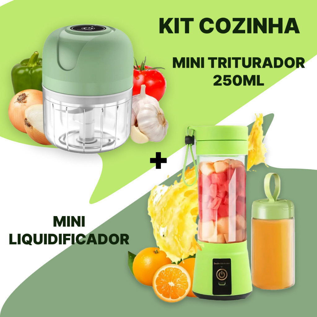 Kit Mini Processador 3 lâminas 250ml + Mini Liquidificador Portátil 6 lâminas 380ml COR Aleatória
