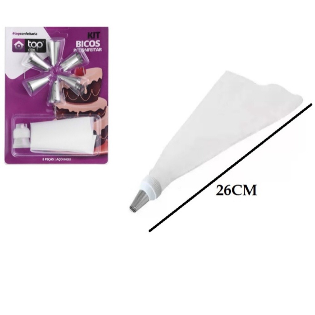 Confeiteiro Kit com 7 Bicos de Inox e 1 Saco de Confeita 26CM Para Bolos e Doces 8 Peças Universal universal