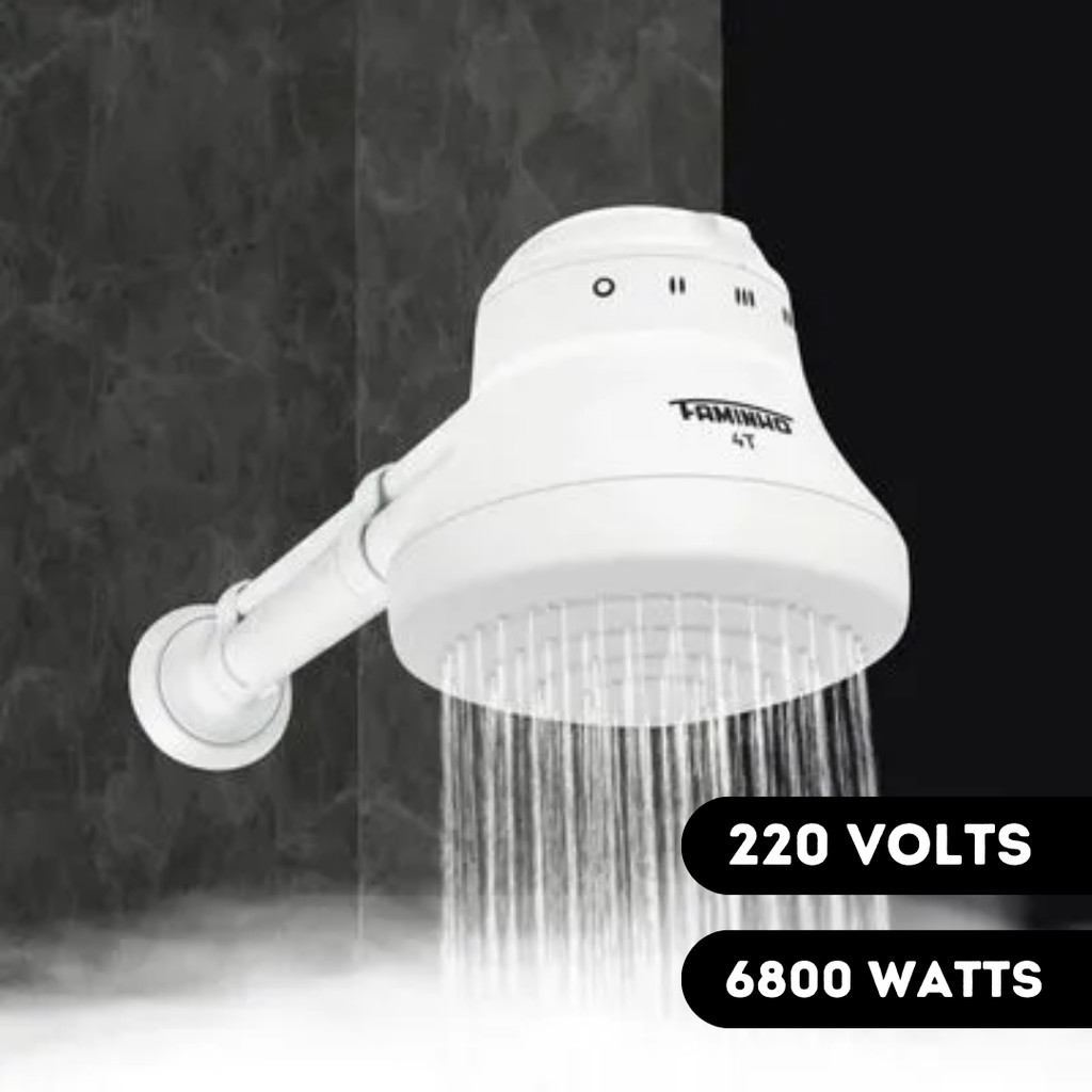 Chuveiro Ducha Fame Faminho 4T 220v 6800W Branco Cano 30cm Aquecimento Rápido Alta Potência