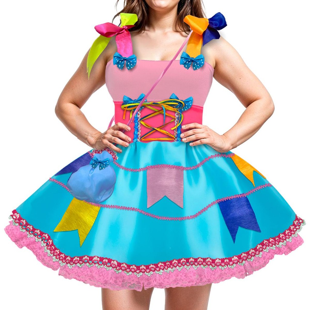 Vestido Plus Size de Festa Junina Rosa Com Espartilho Bolsinha e Bandeirinhas Roupa Caipira Adulta Feminina