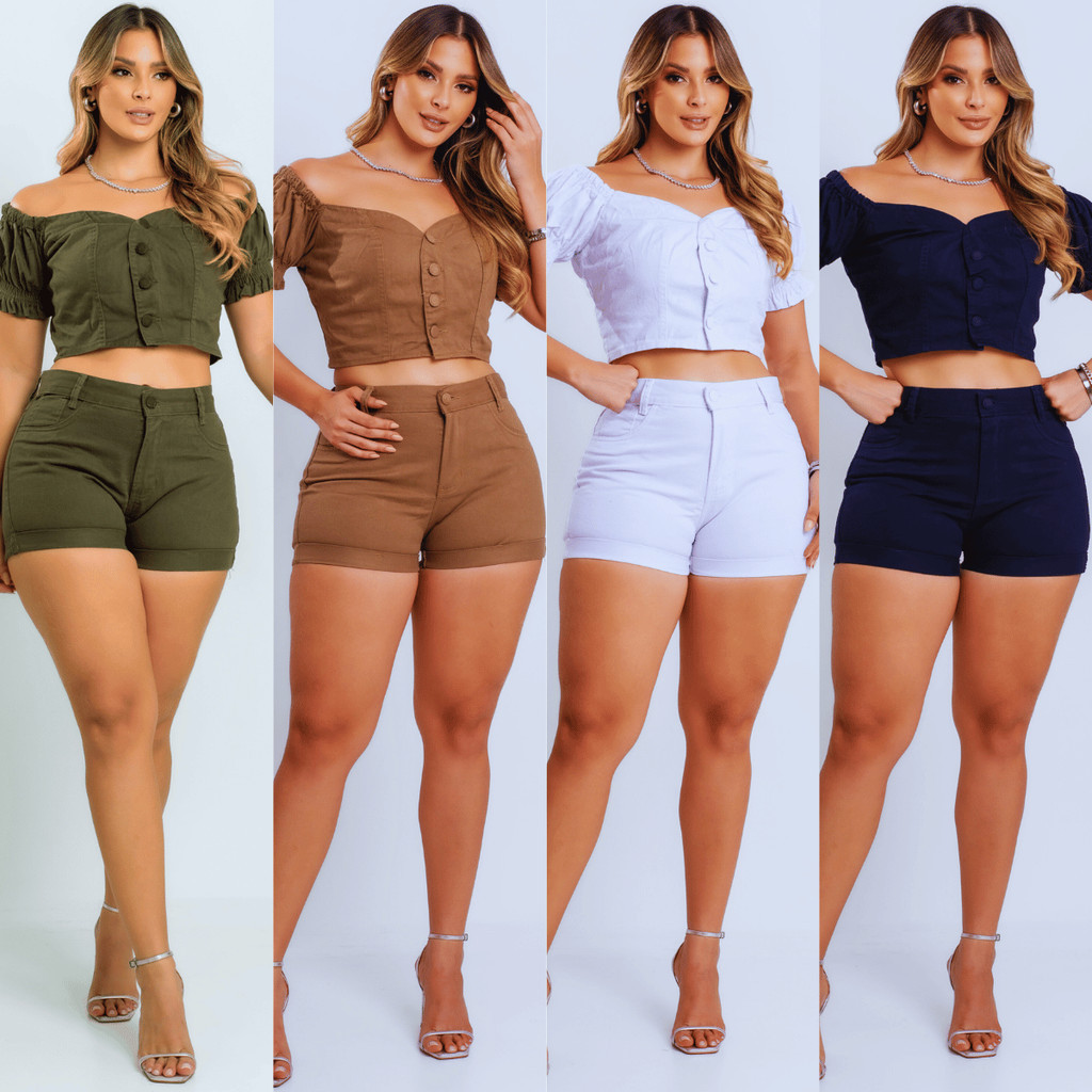 Conjunto Jeans Feminino Short e Blusa Moda Casual Lançamento Cropped Shorts Coloridos Novo