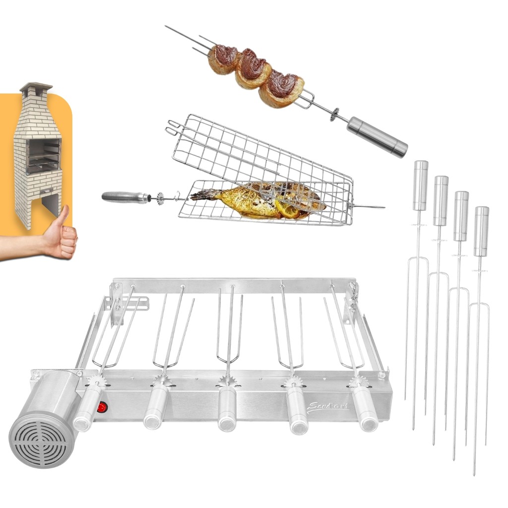 Kit Gira Grill Inox Baixo Um Andar Regulável 5 Espetos + Espeto Grelha Adicional Bivolt para Pré-Moldada