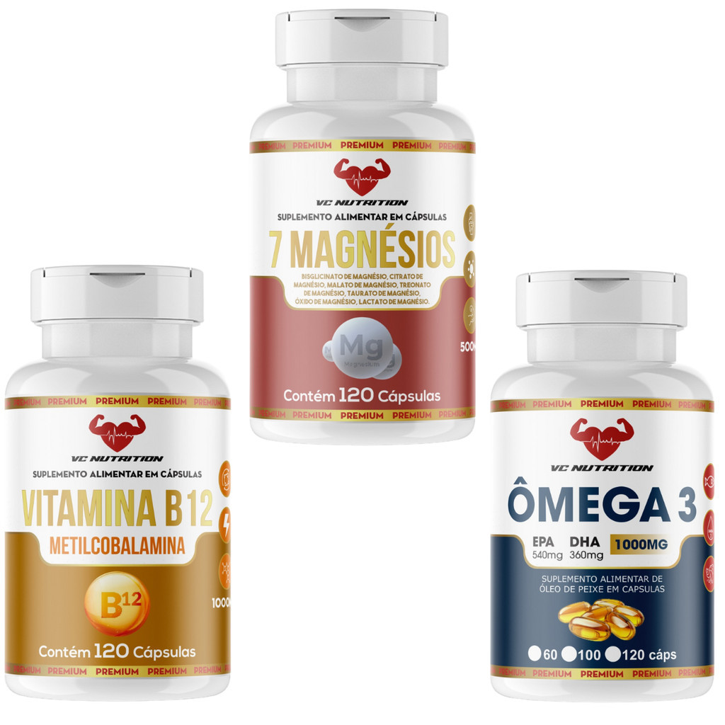 B12 Metilcobalamina 1000mg, 7 Magnésios, Ômega 1000mg
