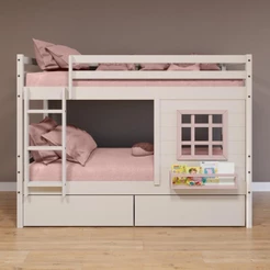 Beliche Infantil Com Janela E Gavetas Madeira Maciça Branco/ Rosa Housin