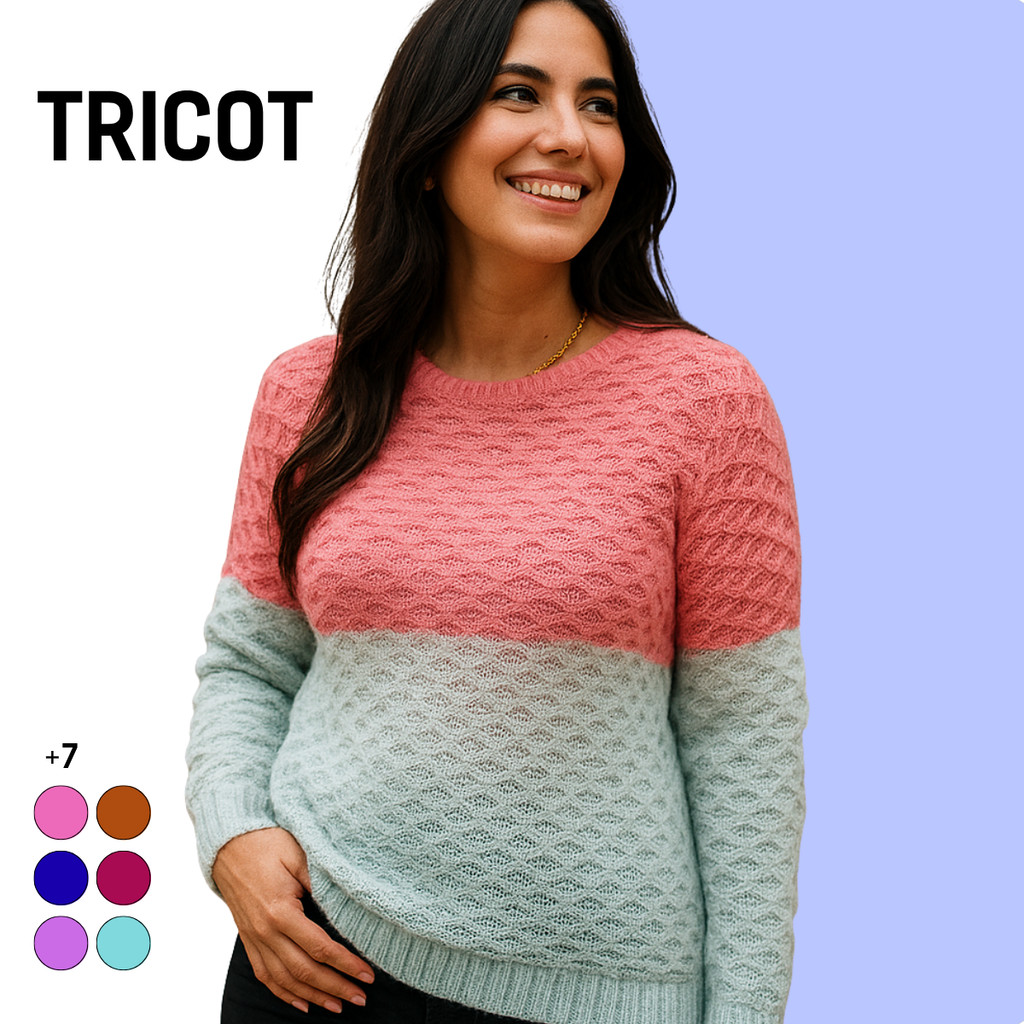 Blusa Feminina Tricot Manga Longa Relevo Tricolor Inverno Charmosa Delicada