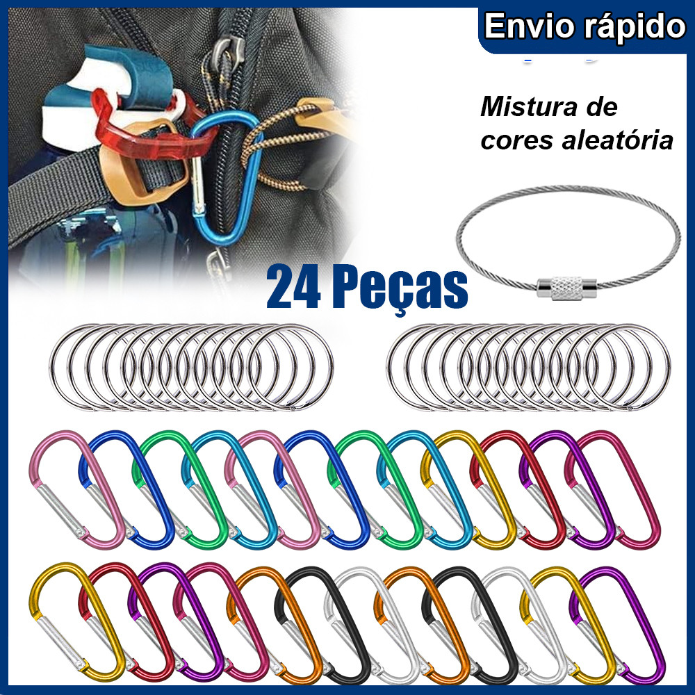 Kit 24 Peças Chaveiro Mosquetão Reforçado Liga de Alumínio Clipe Gancho Ferramenta