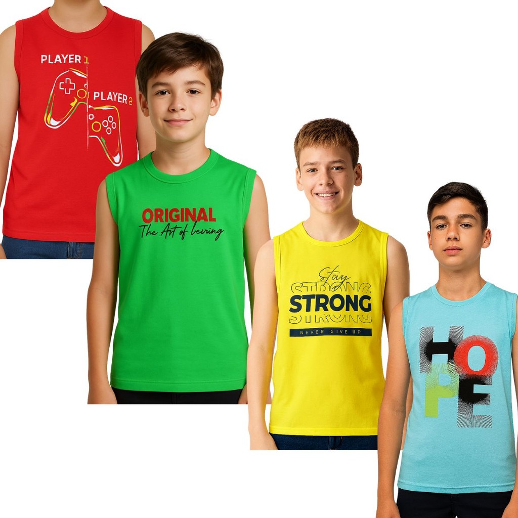 Kit 4 Regatas Masculinas Juvenil Estampada Algodão 10 ao 16 anos
