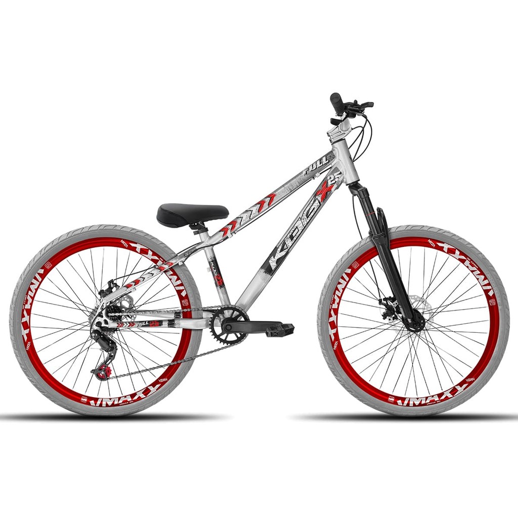Bicicleta aro 26 KOG Freeride 1x7 Prata com Vermelho Vmaxx Vermelho - Pneus Cinza - Mesa Curta Prata - Guidão Prata