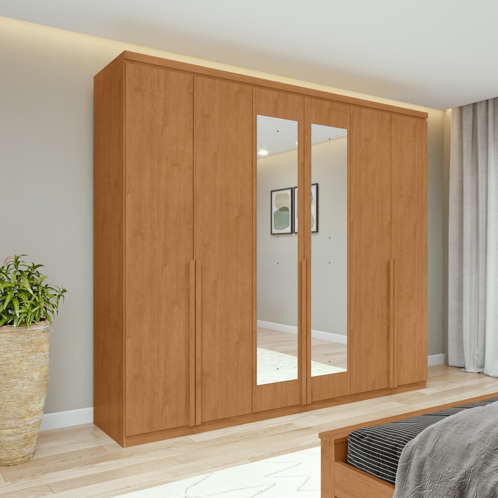 Guarda-Roupa Casal Alonzo 6 Portas 100% MDF Com Espelho Amêndoa Clean em Oferta na Shopee