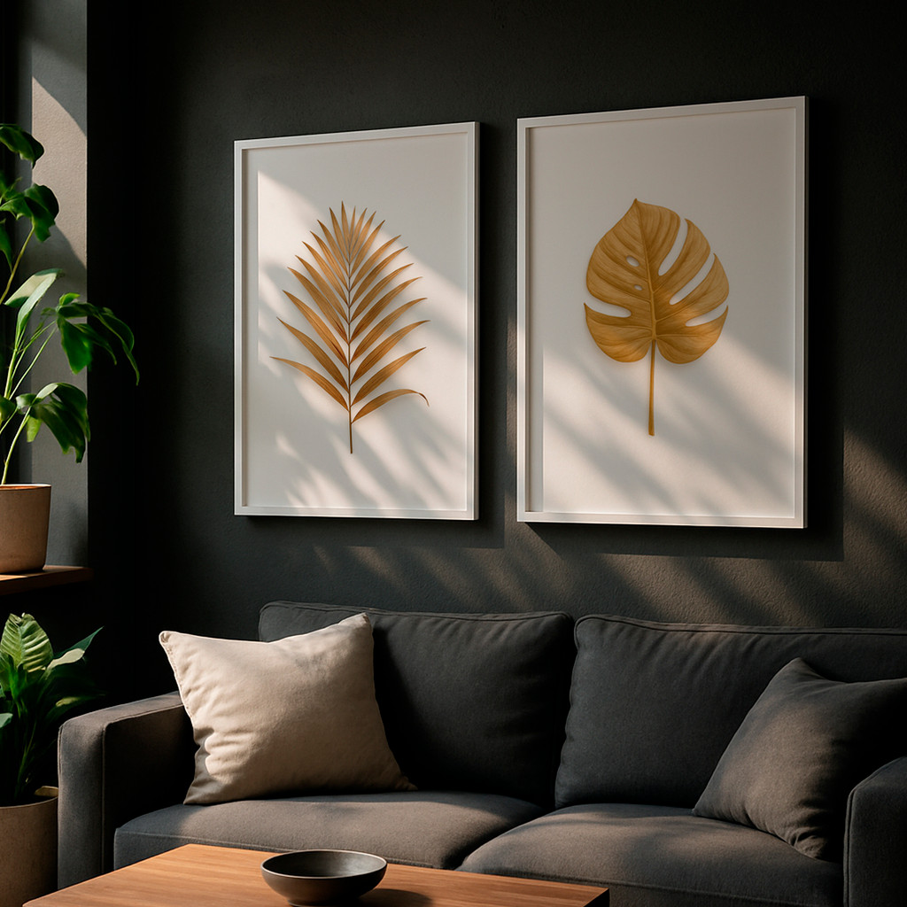 Kit 2 Quadros Folhas Douradas Decorativas Fundo Branco Clean Elegante Natureza Moderna Com Moldura