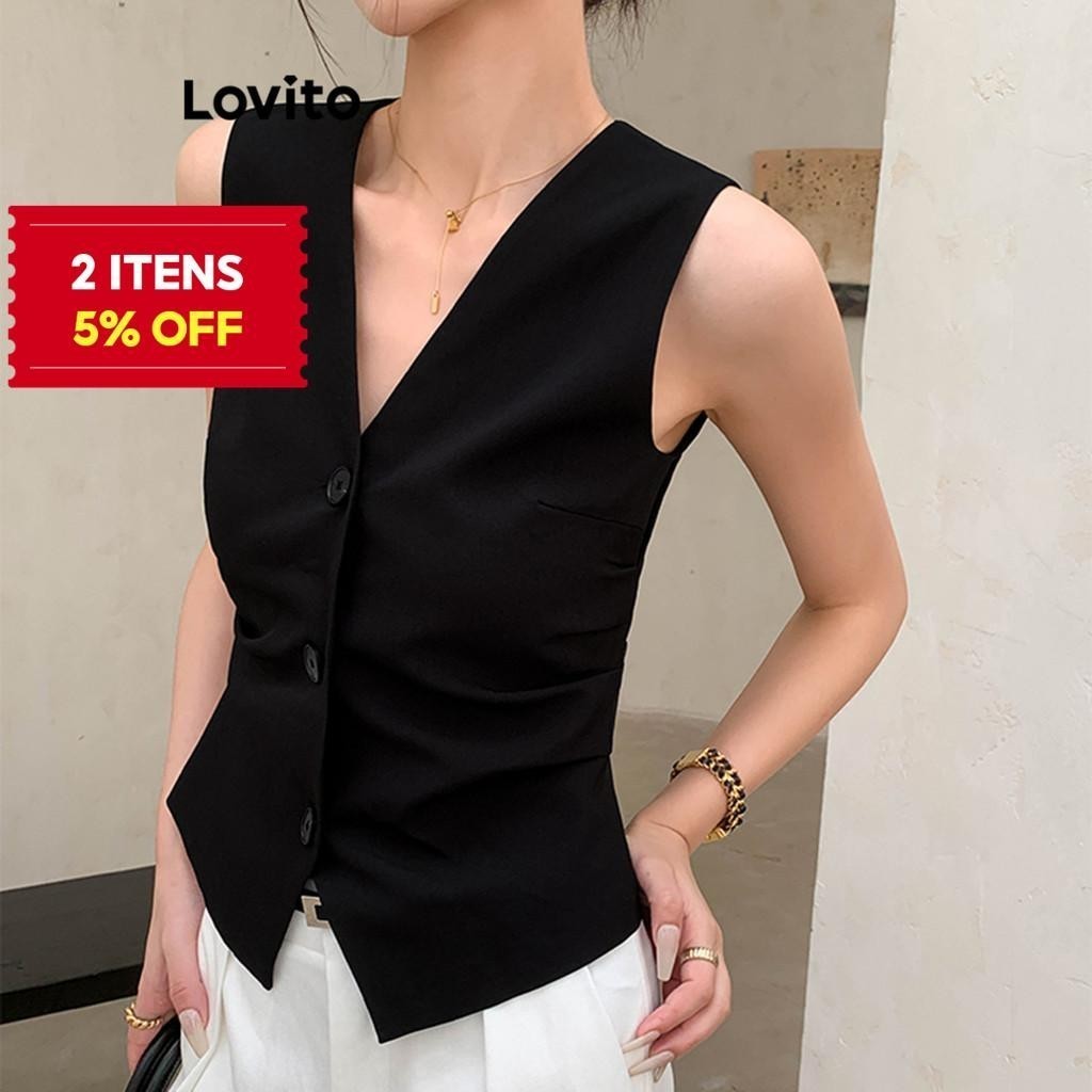 (Trendy) Lovito Regata Casual Lisa Plissada Com Botão Frontal Para Mulheres L65ED049 (Multi-color) - Women Clothes