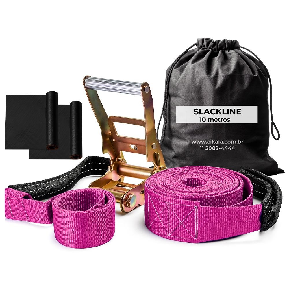 Kit Slackline Rosa 10 M Completo com Catraca Protetores para Equilíbrio