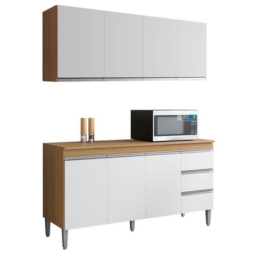 Balcão De Cozinha Com Tampo 150cm E Armário Aéreo Andreia produto com cor Amêndoa Branco - Ajl