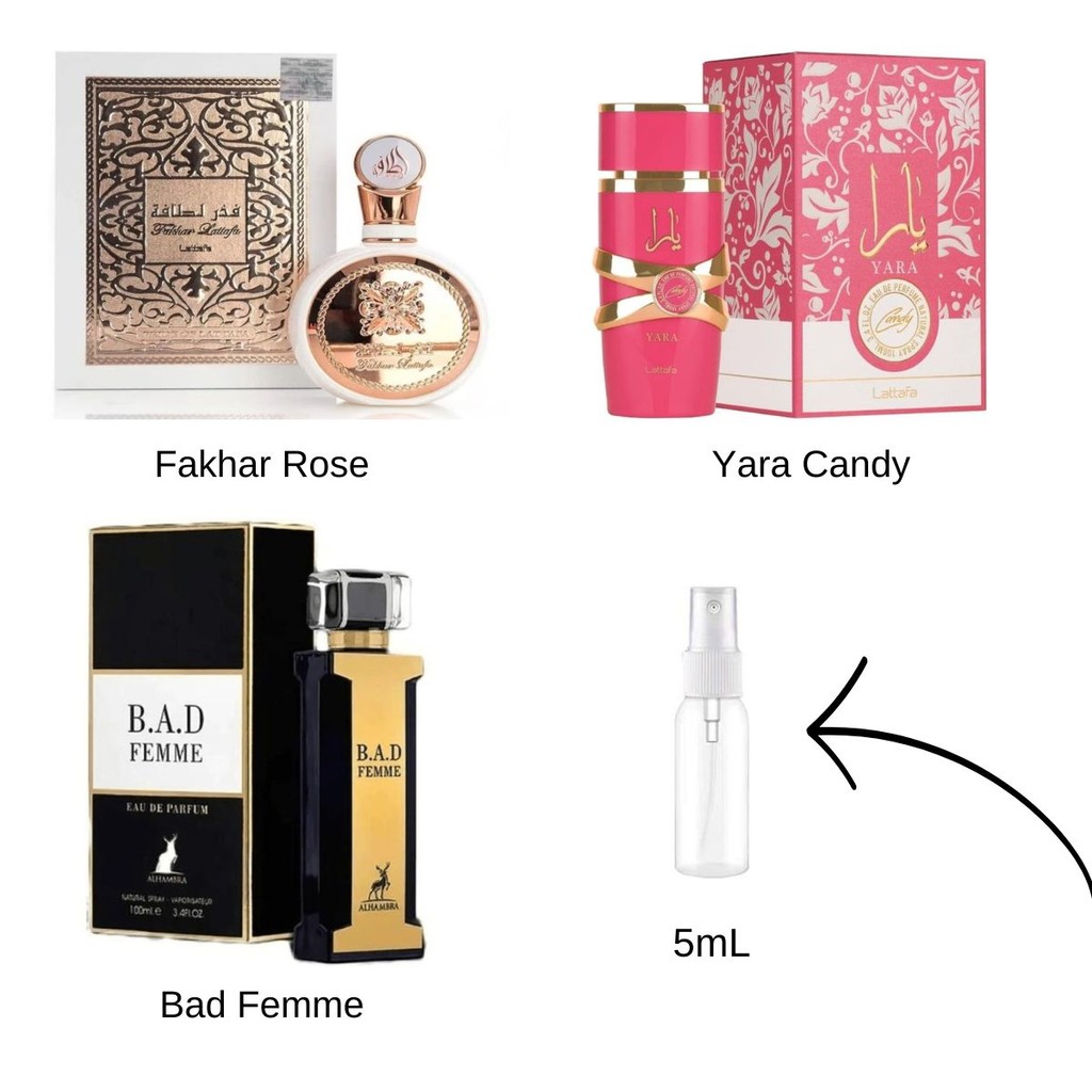 Kit Perfumes 5mL Doce & Floral Feminino - Yara Candy + Bad Femme + Fakhar Rose